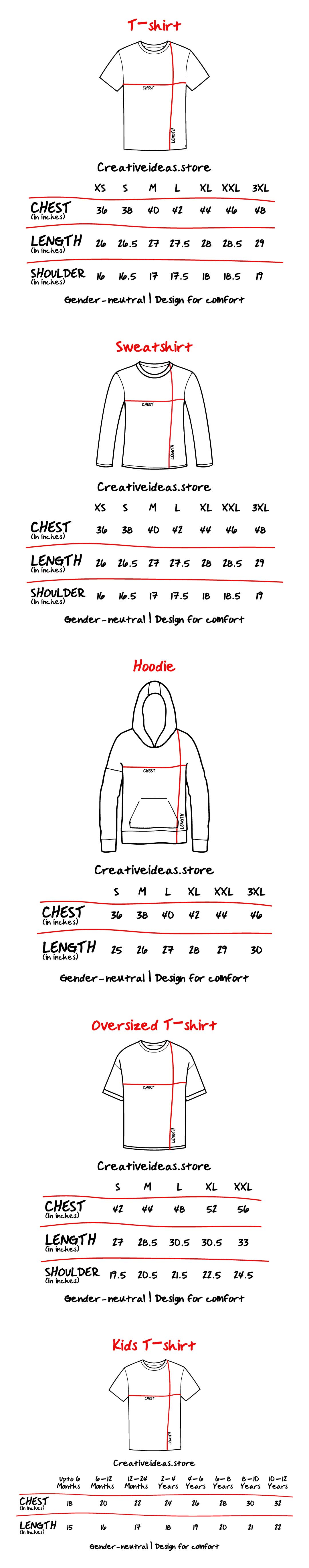 Size chart for creativeideas.store tshirts
